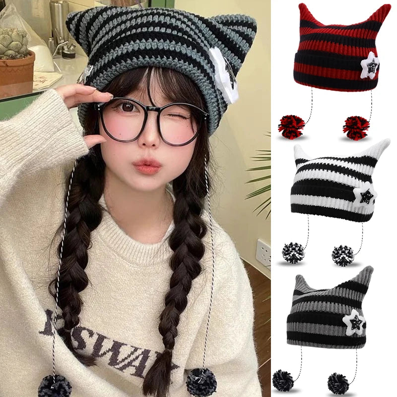 Polyester Knit Cat Ear Beanie Hat with Star Decor