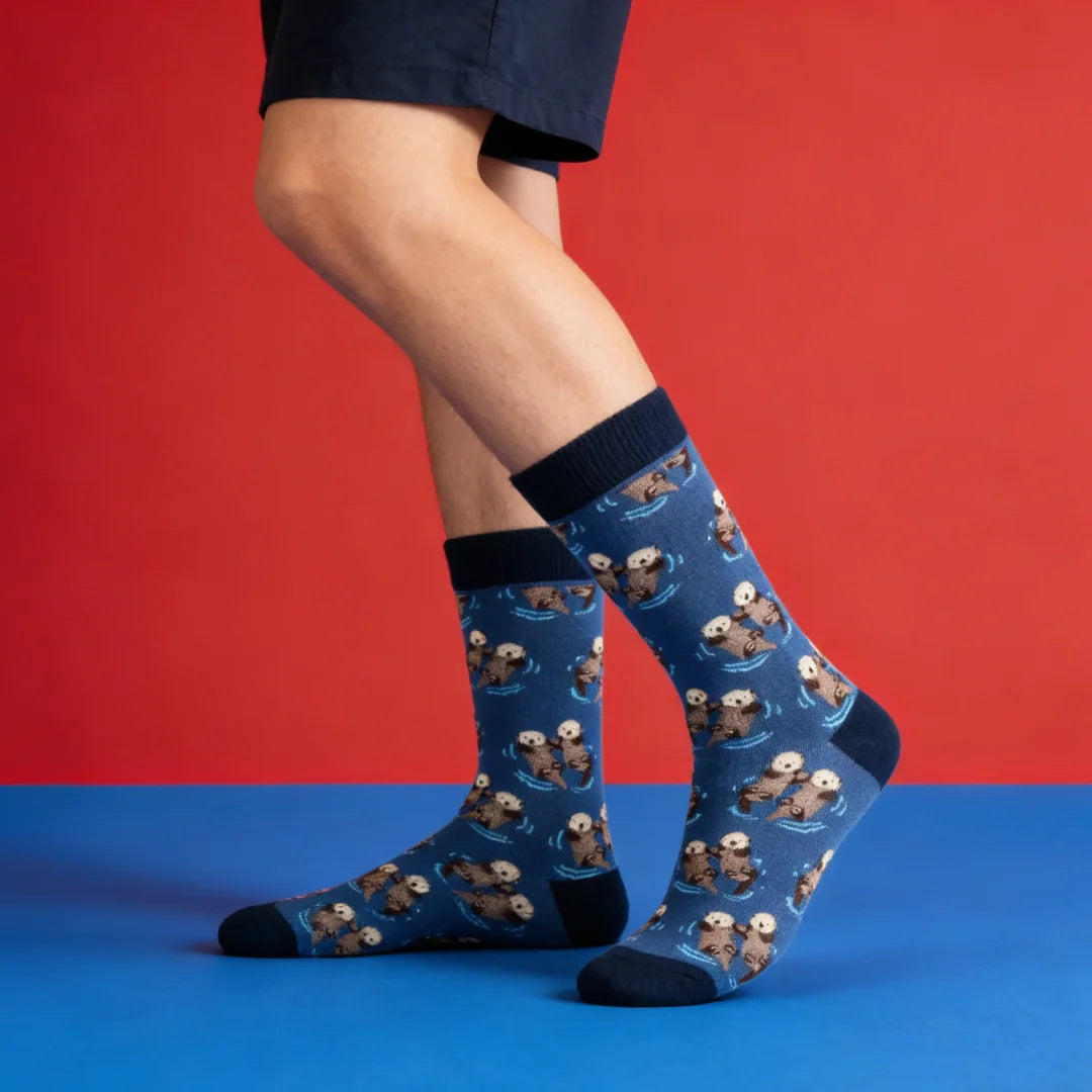 Cotton Blend Novelty Otter Print Crew Socks - 1