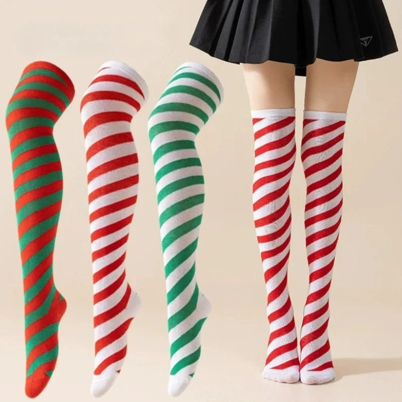 Striped Cotton Polyester Thigh High Stockings