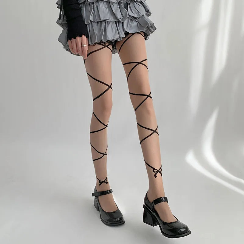 Nylon Cross Strap Ballet Style Pantyhose Tights