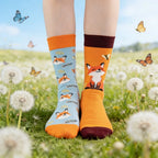 Fox Print Cotton Blend Asymmetric Casual Middle Tube Socks