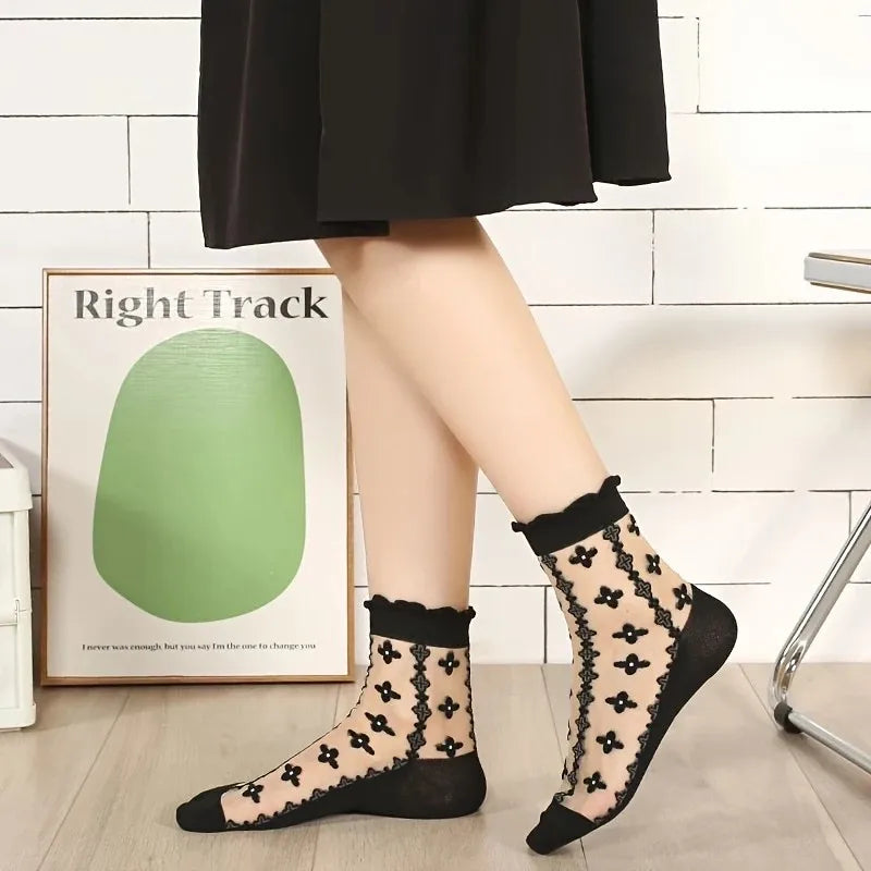 Polyester Elastane Lace Pattern Mid Tube Socks - 2