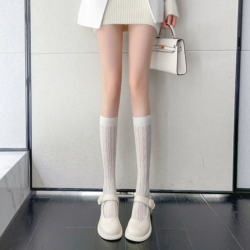 Floral Lace Calf Socks Women Nylon Knit Hosiery