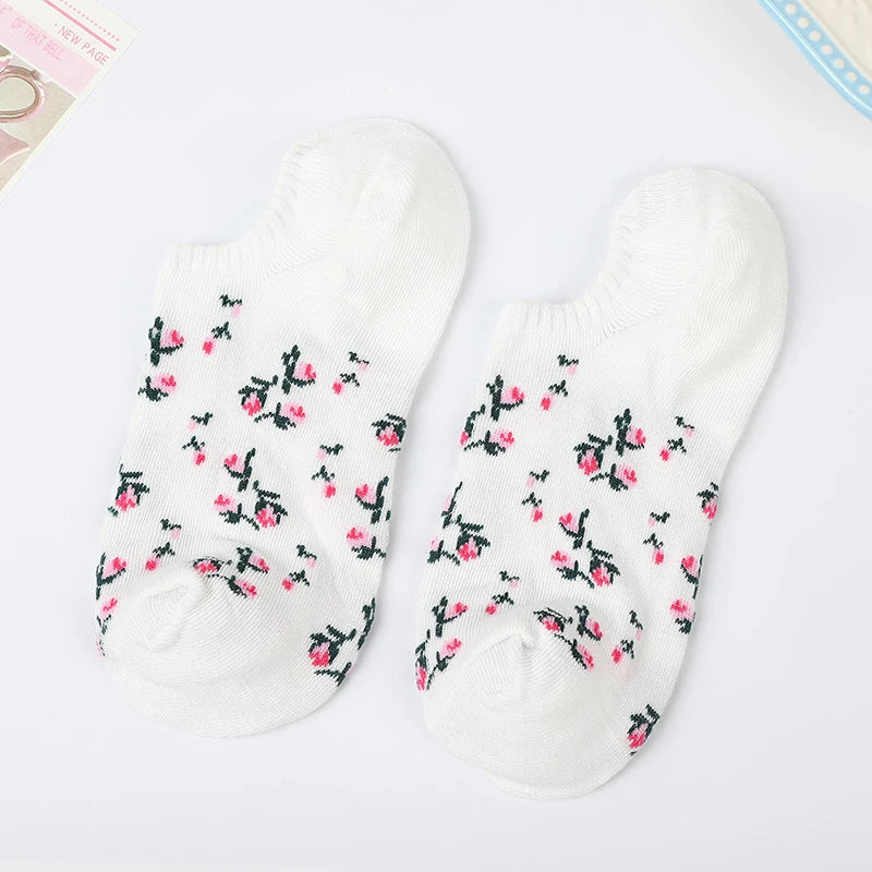 5 Pairs Polyester Elastane Floral Low Cut Boat Socks