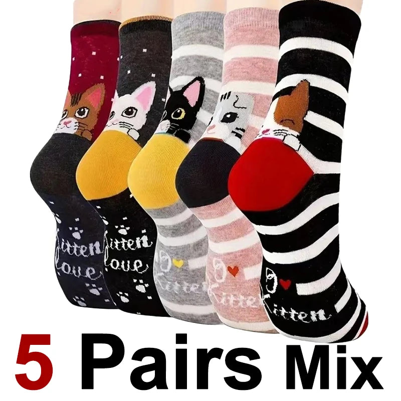 Cotton Blend Cat Pattern Casual Crew Socks for Women