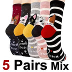 Cotton Blend Cat Pattern Casual Crew Socks for Women