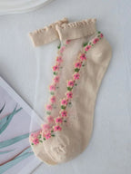 Floral Print Polyester Elastane Low Tube Casual Socks 7 Pairs