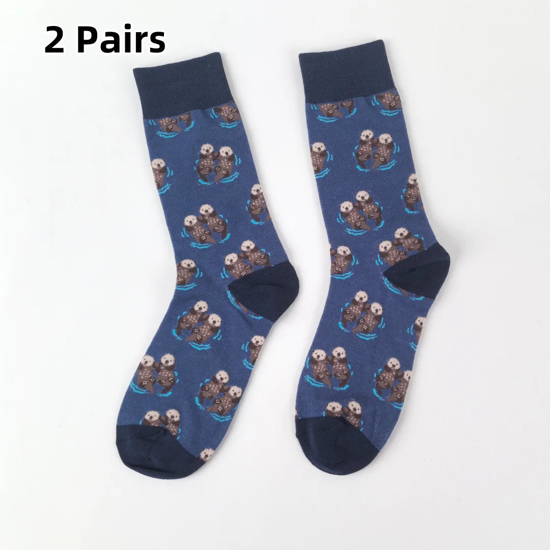 Cotton Blend Otter Print Unisex Mid Calf Socks