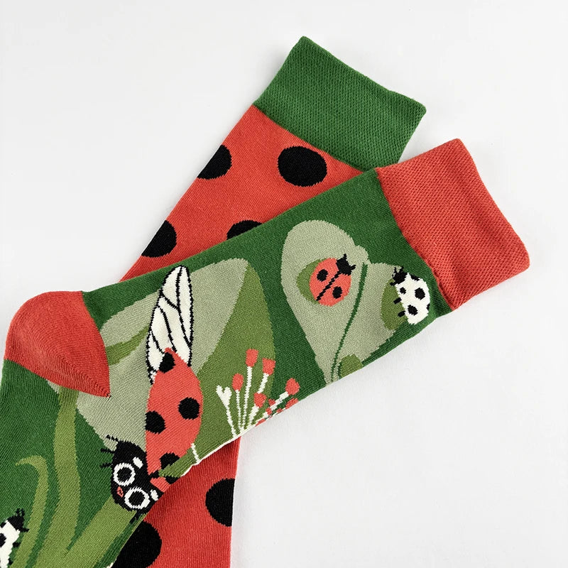 Cotton Blend Ladybug Print Mid Calf Socks