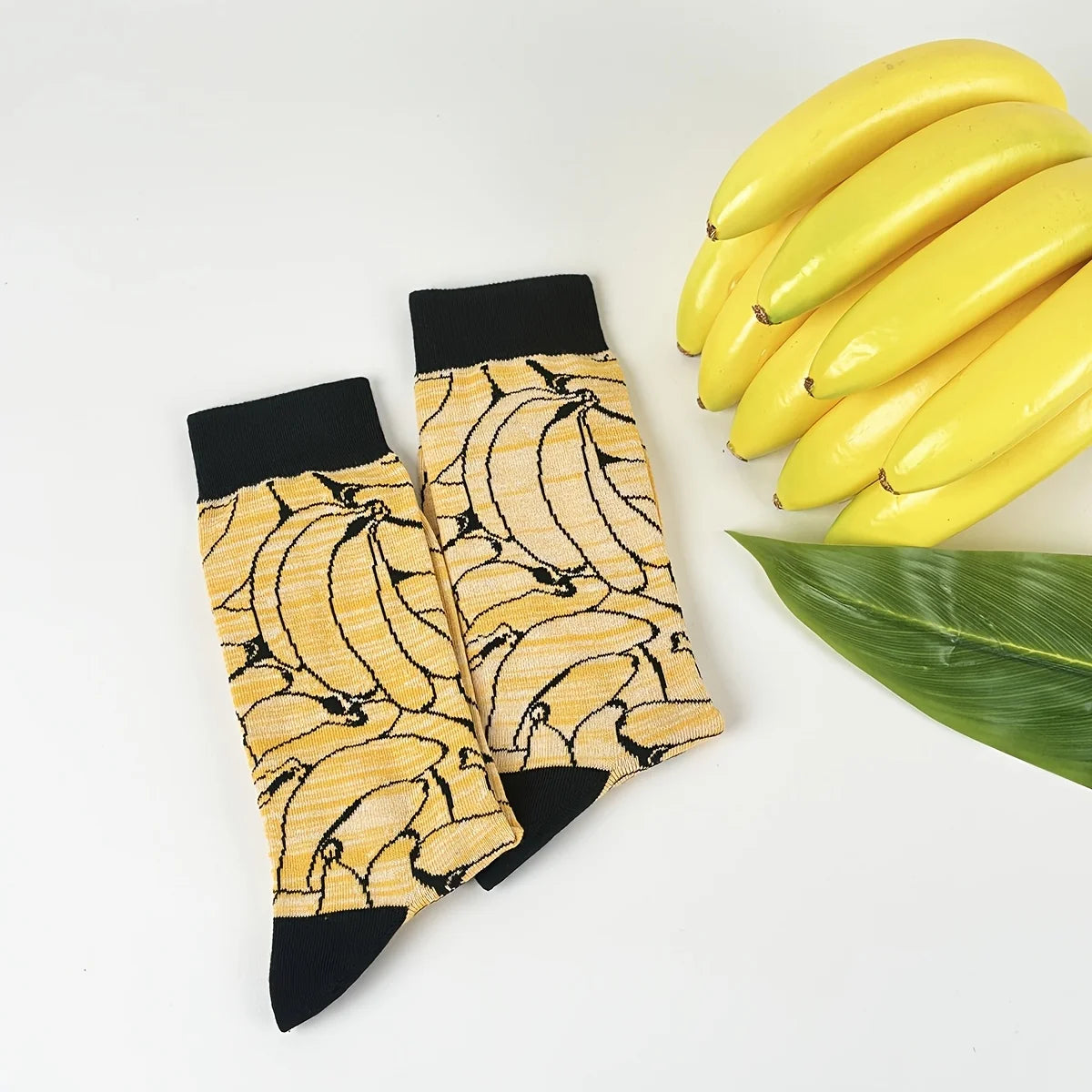 Cotton Blend Banana Print Mid Calf Socks