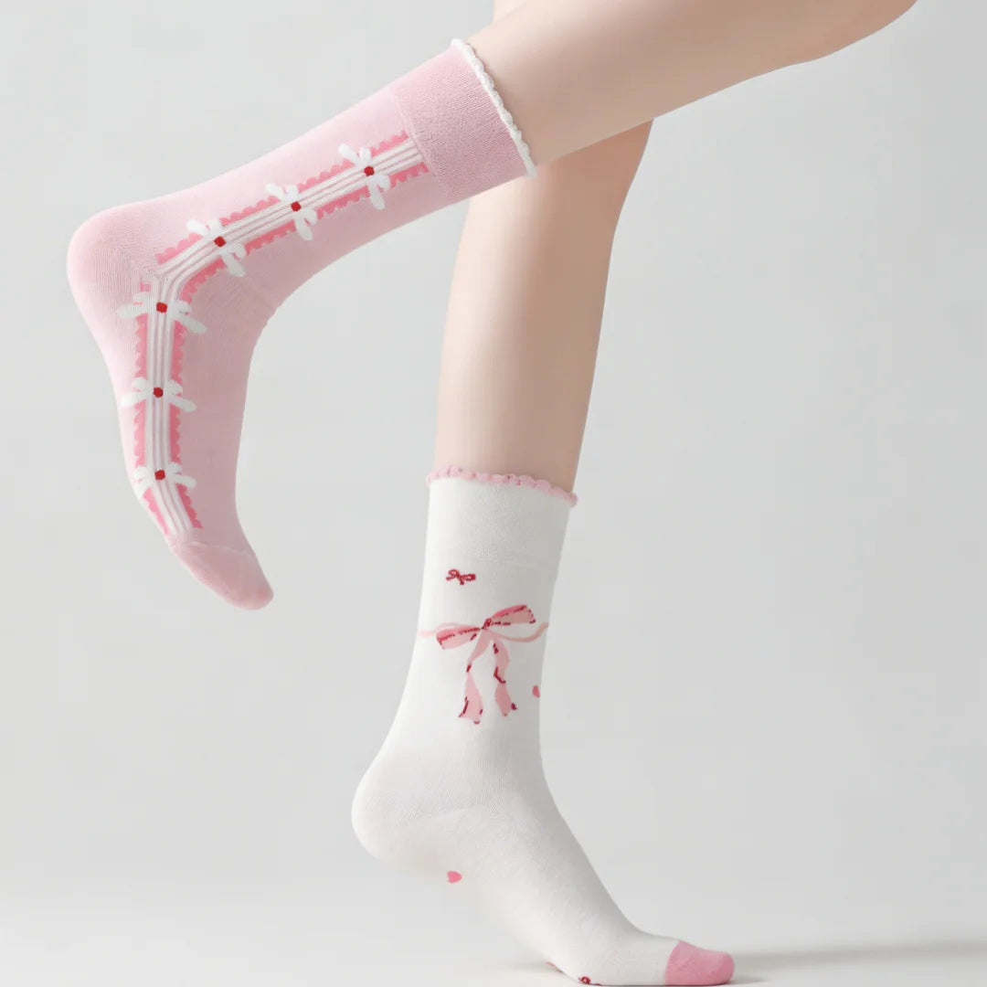 Cotton Blend Bow Heart Print Mid Tube Women Socks - 4