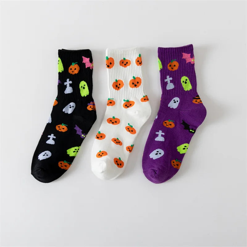 Cotton Blend Halloween Pattern Mid Calf Socks 3 Pair Set