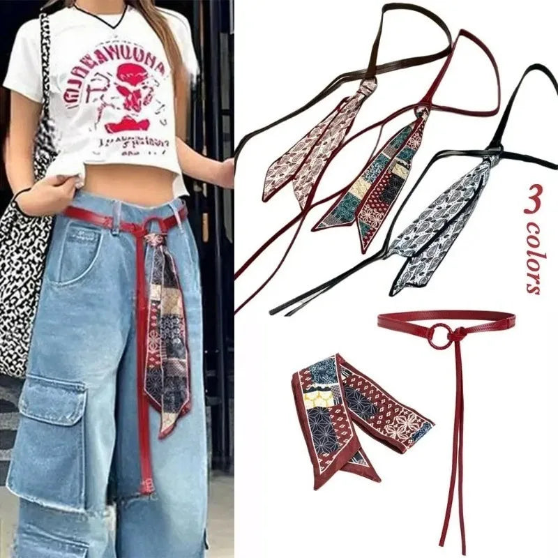 PU Leather Belt with Detachable Silk Scarf Waist Accessory