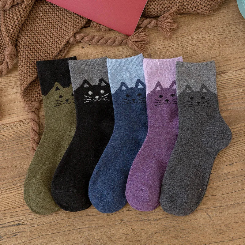 Wool Blend Cat Print Winter Socks Five Pairs