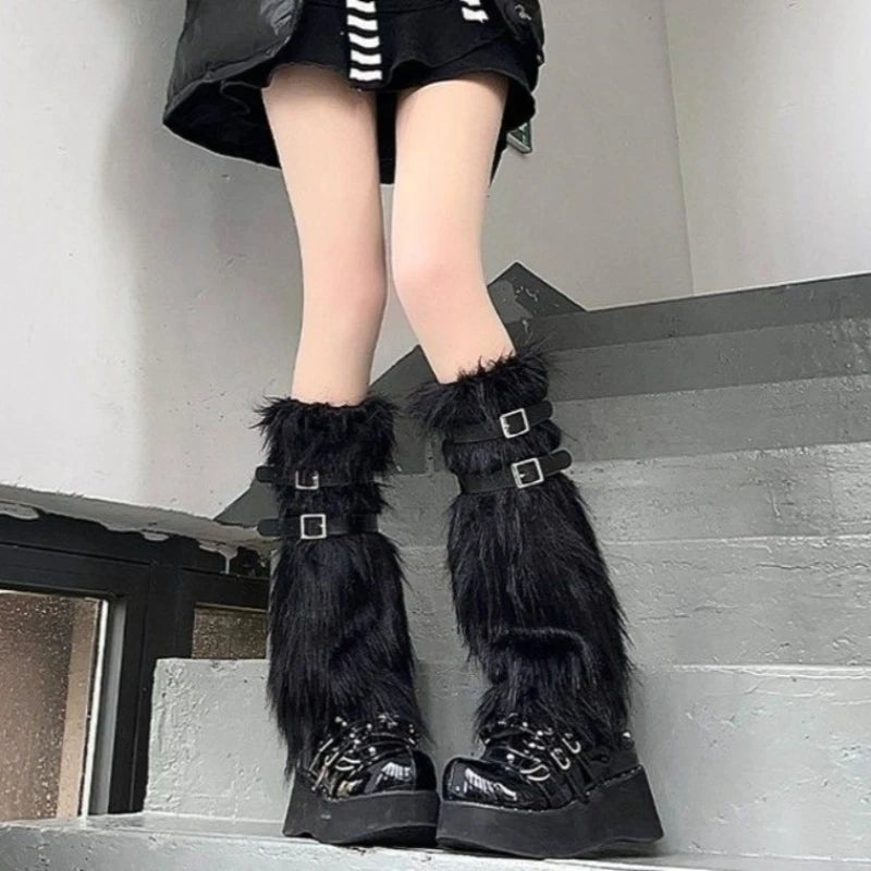 Faux Fur Leg Warmers With Buckle Straps