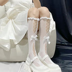 Nylon Elastane Lolita Ruffled Bowknot Mesh Knee High Socks
