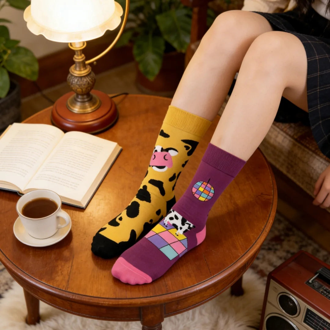 Cotton Blend Mid Calf Cartoon Disco Cow Socks