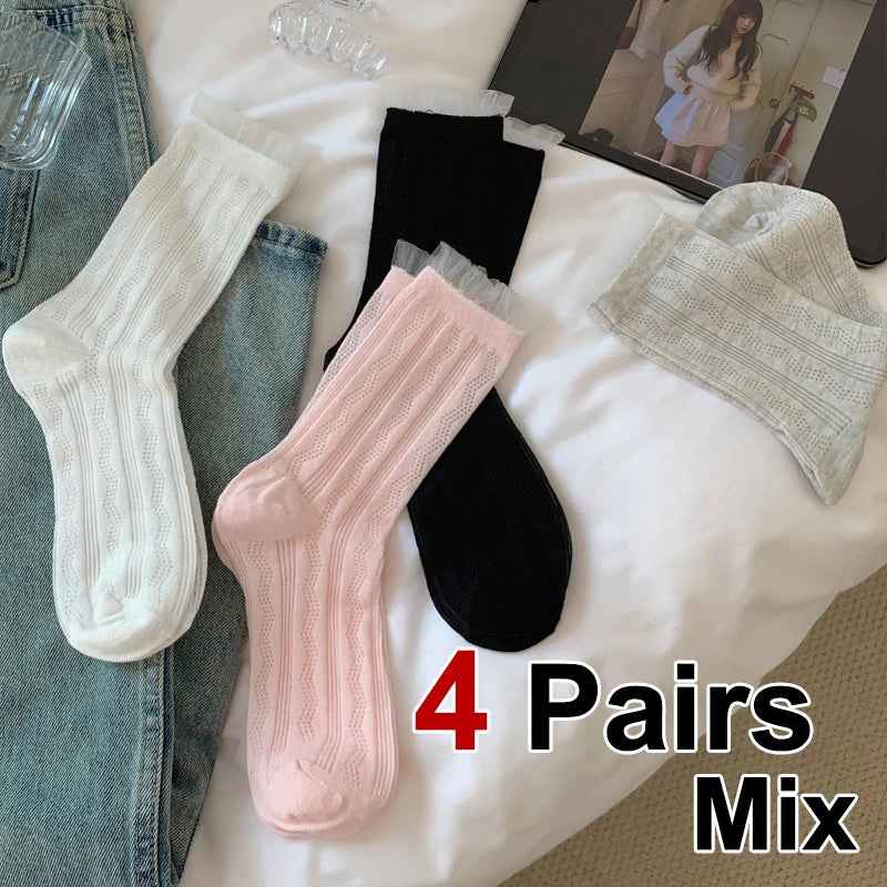 4 Pairs Polyester Elastane Lace Edge Mid Tube Socks