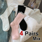 4 Pairs Polyester Elastane Lace Edge Mid Tube Socks