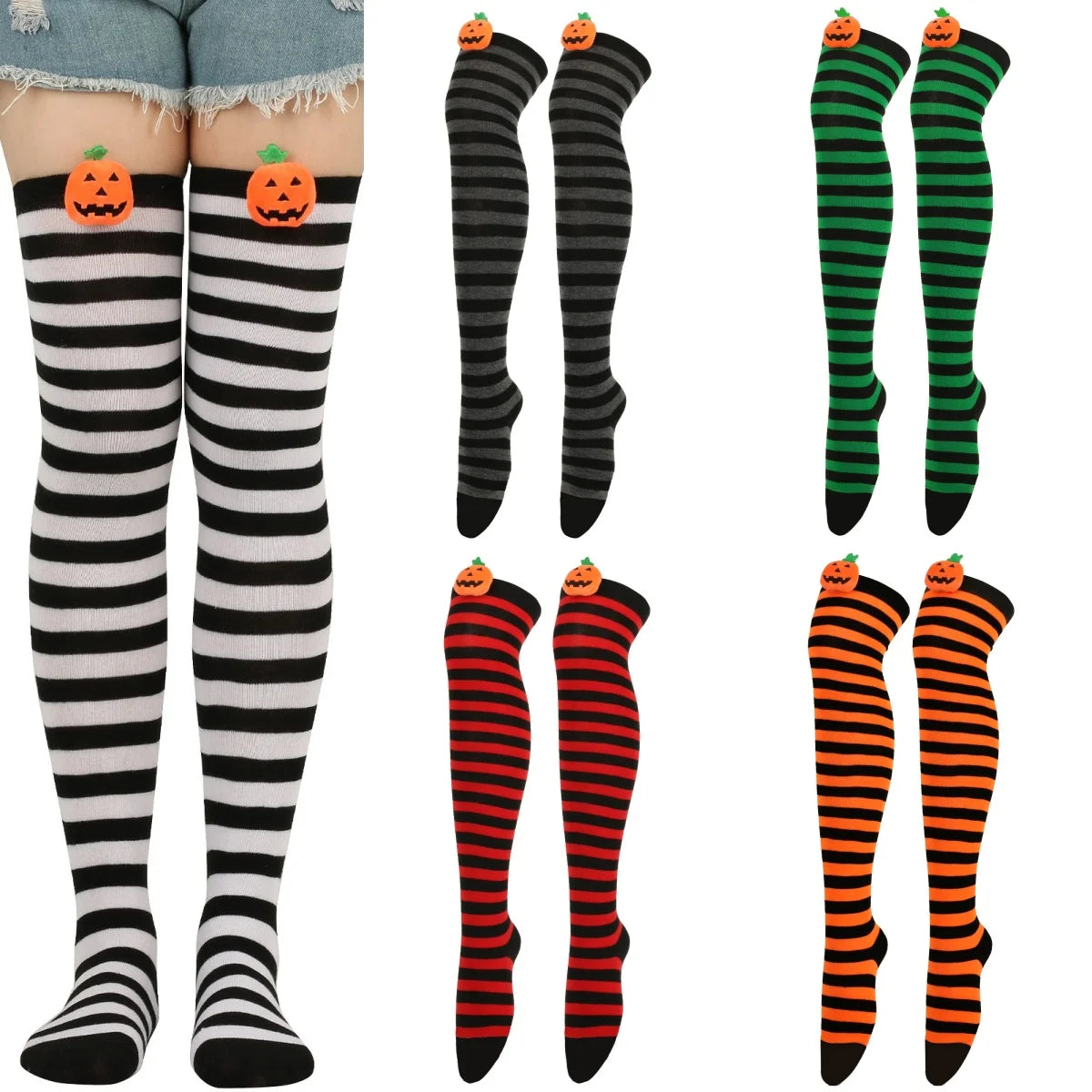 Polyester Striped Pumpkin Over The Knee Socks - 1