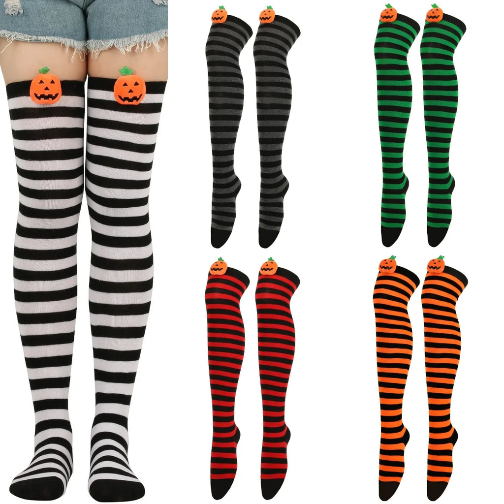 Polyester Striped Pumpkin Over The Knee Socks