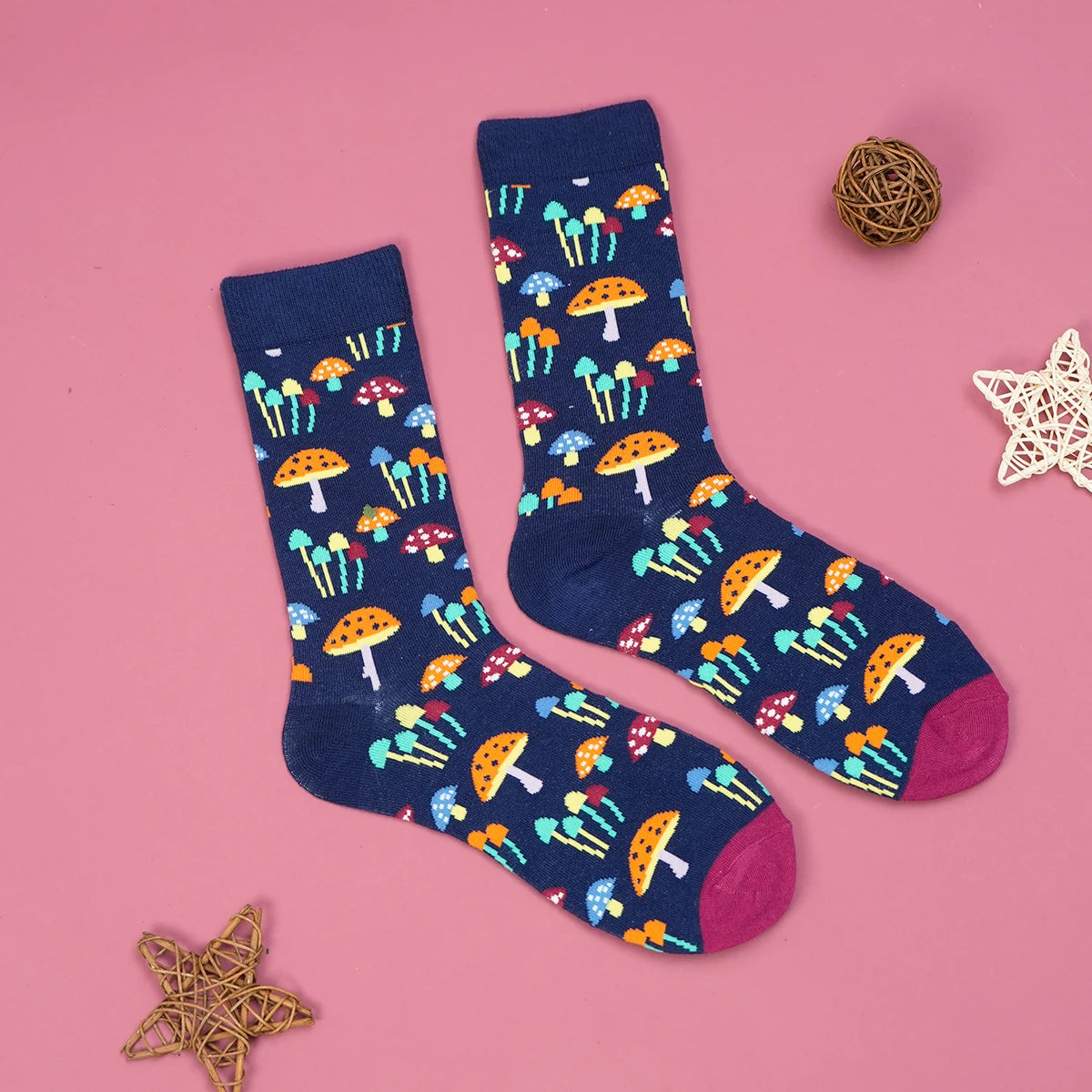 Colorful Mushroom Printed Cotton Blend Crew Socks - 1
