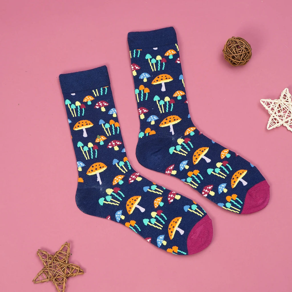 Colorful Mushroom Printed Cotton Blend Crew Socks