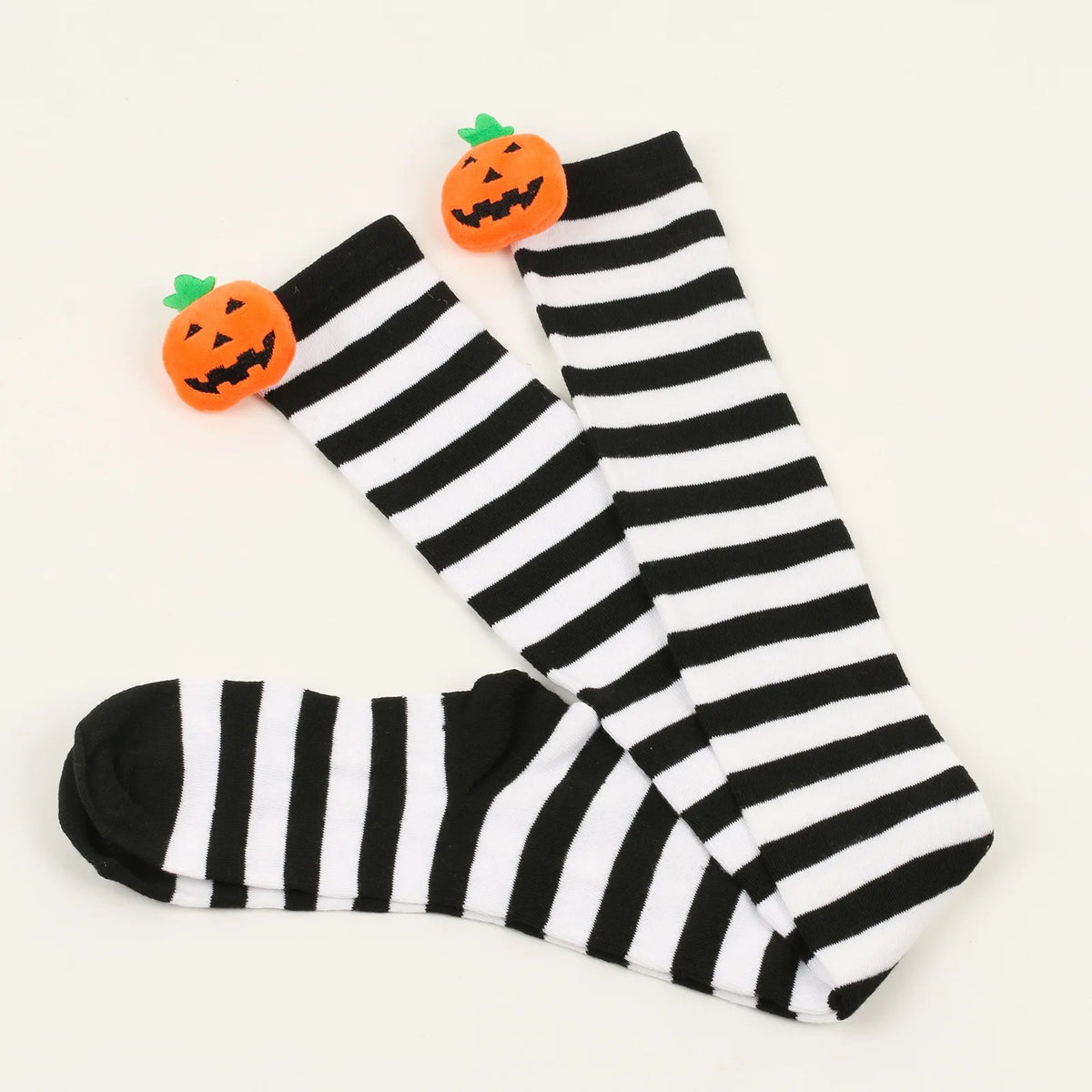 Polyester Striped Pumpkin Over The Knee Socks
