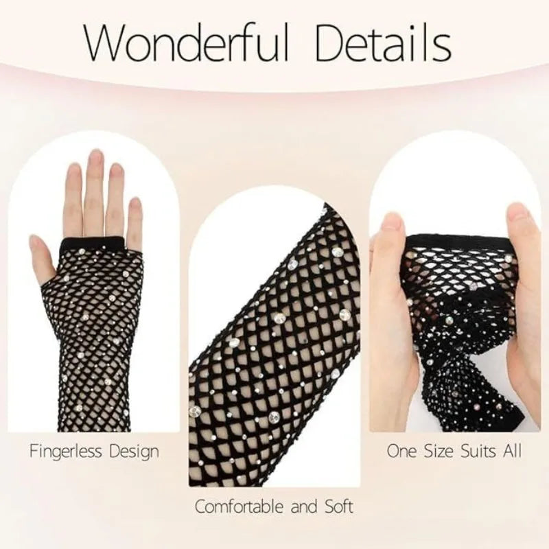 Nylon Elastane Rhinestone Fishnet Fingerless Gloves