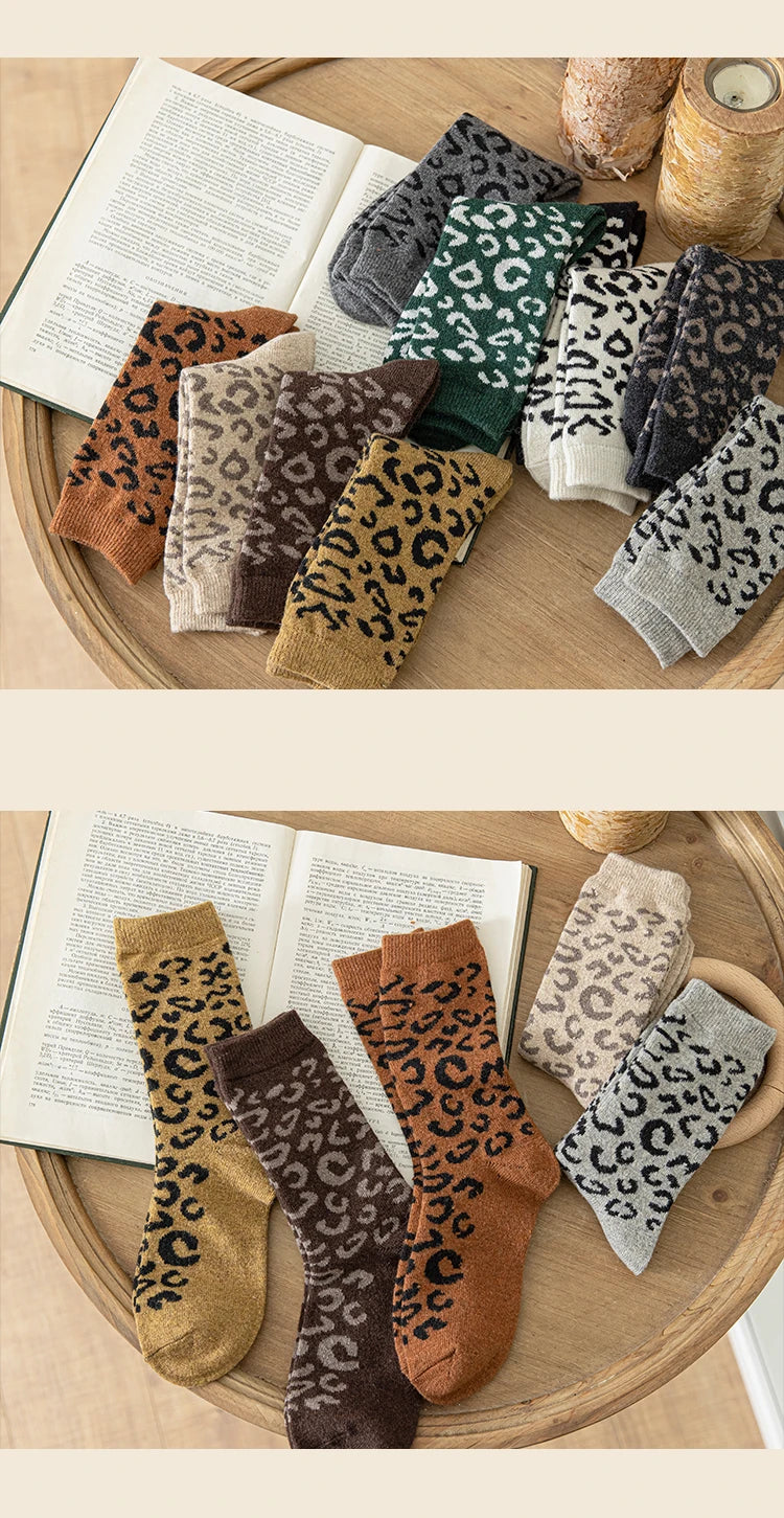 Leopard Print Wool Mid Calf Socks