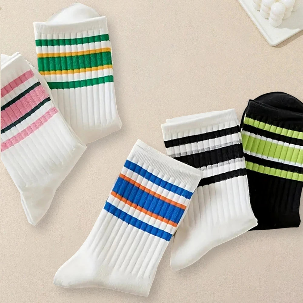 5 Pairs Polyester Spandex Striped Crew Socks