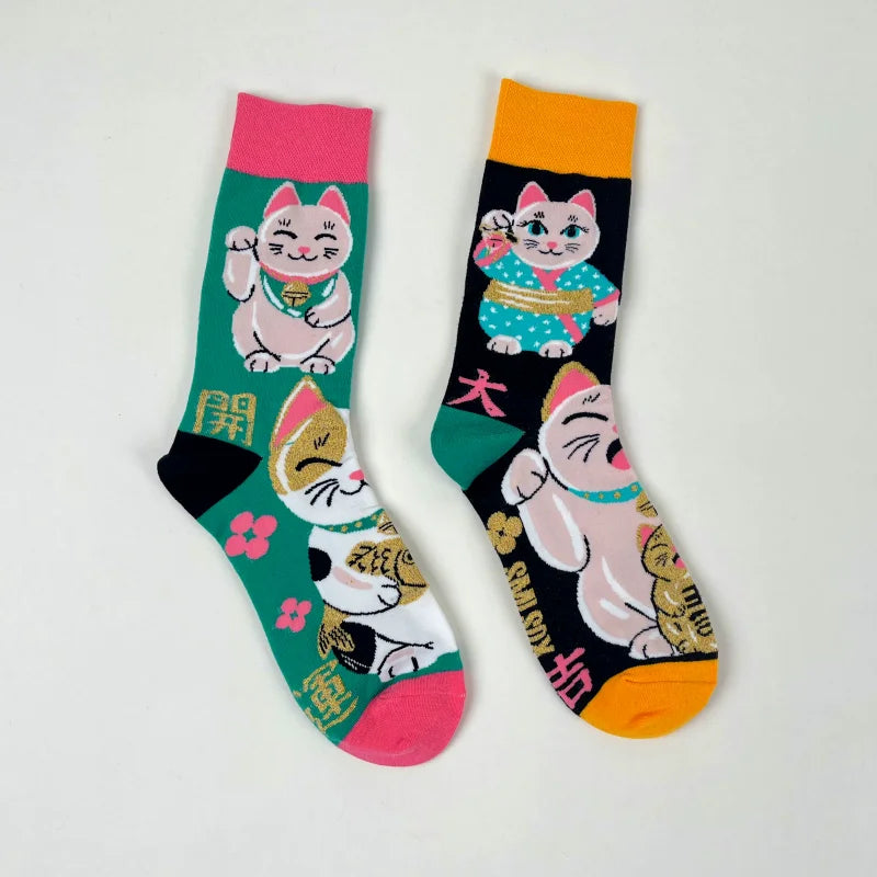 Cotton Blend Lucky Cat Crew Socks - 16