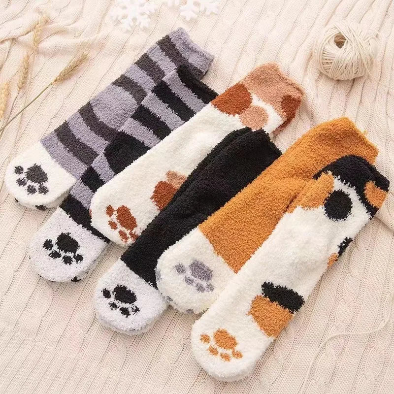 Polyester Elastane Cat Paw Pattern Mid Tube Thick Winter Socks