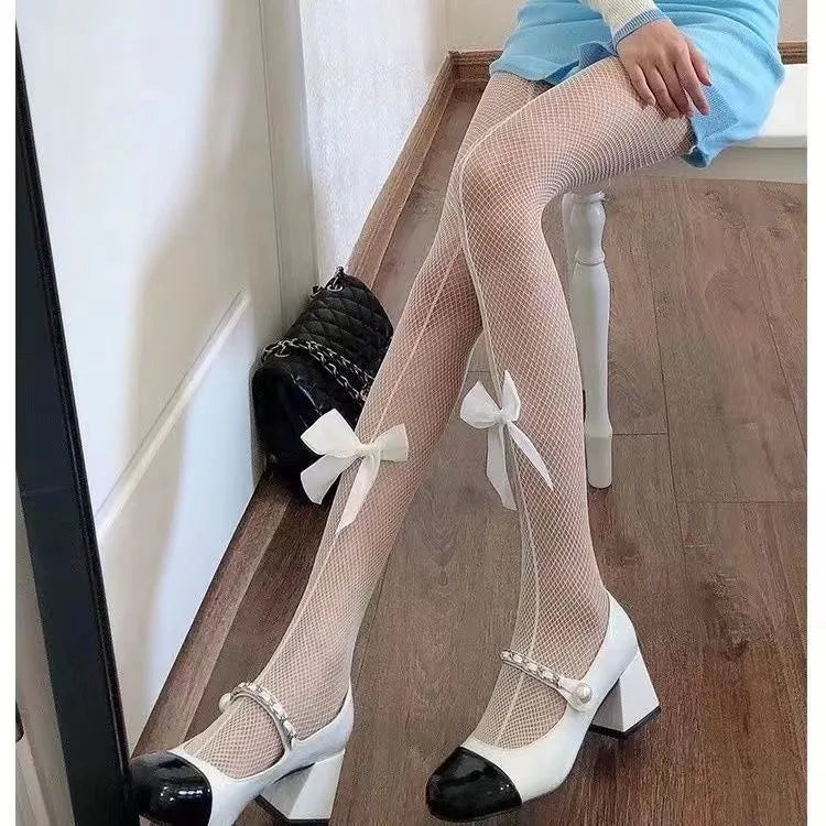 Polyester Nylon Bowknot Hollow Out Tights - 8