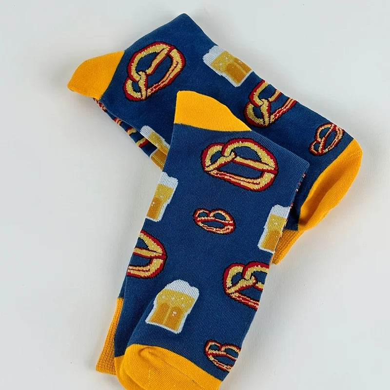 Cotton Blend Beer and Pretzel Print Crew Socks - 6