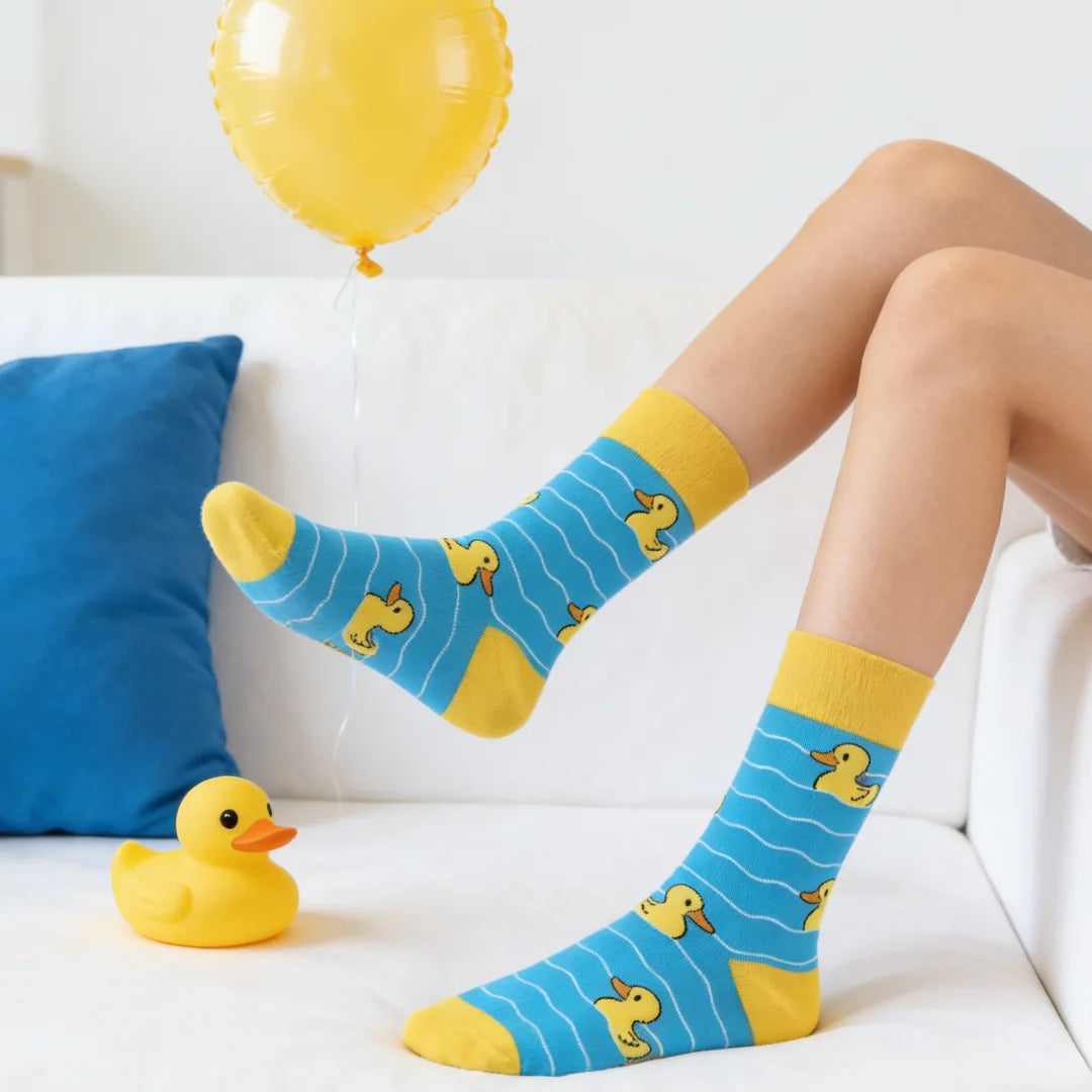 Polyester Elastane Yellow Duck Pattern Mid Calf Socks - 6