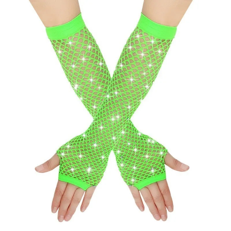 Nylon Elastane Rhinestone Fishnet Fingerless Gloves