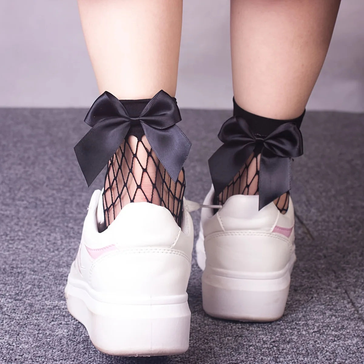 Polyester Nylon Fishnet Bow Ankle Socks - 8