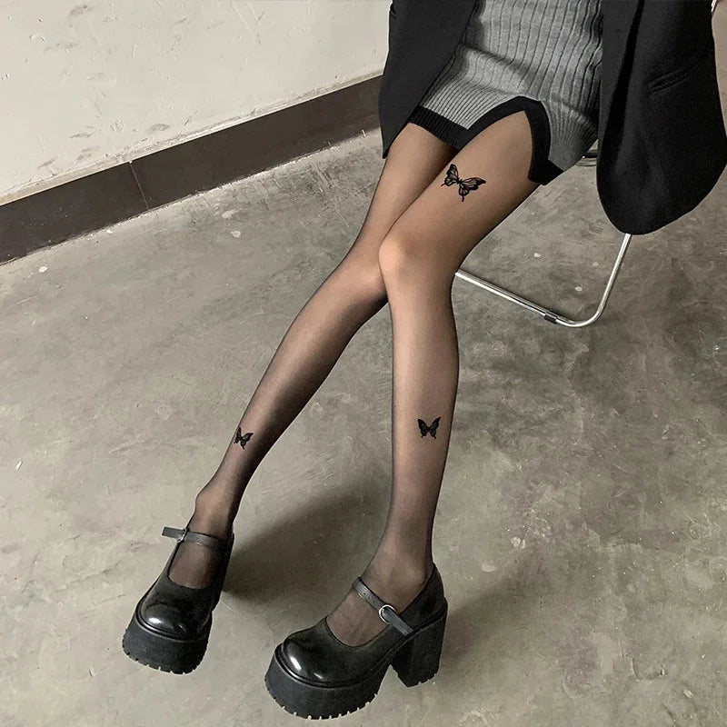 Nylon Butterfly Print Seamless Tights