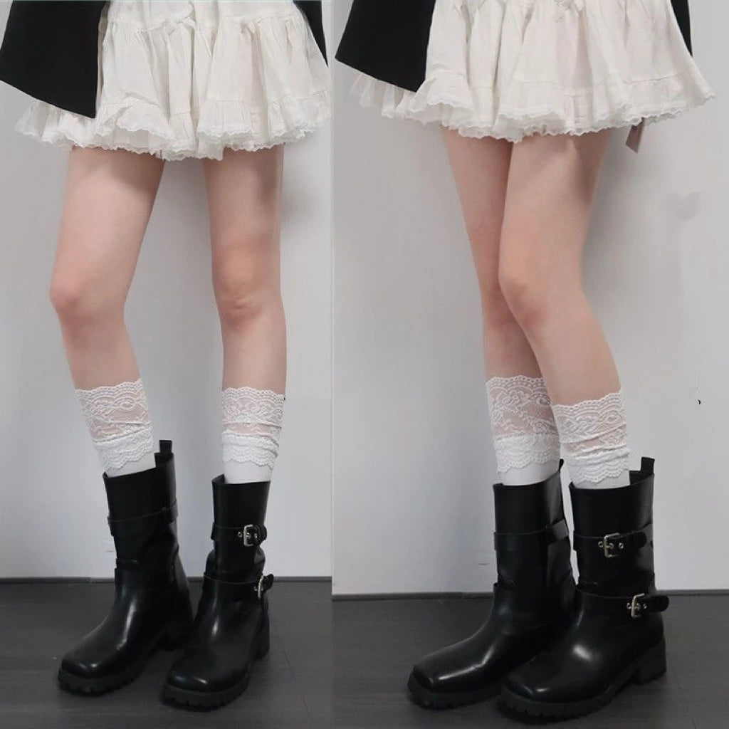 Lace Trim Nylon Stockings Knee High Socks for Women