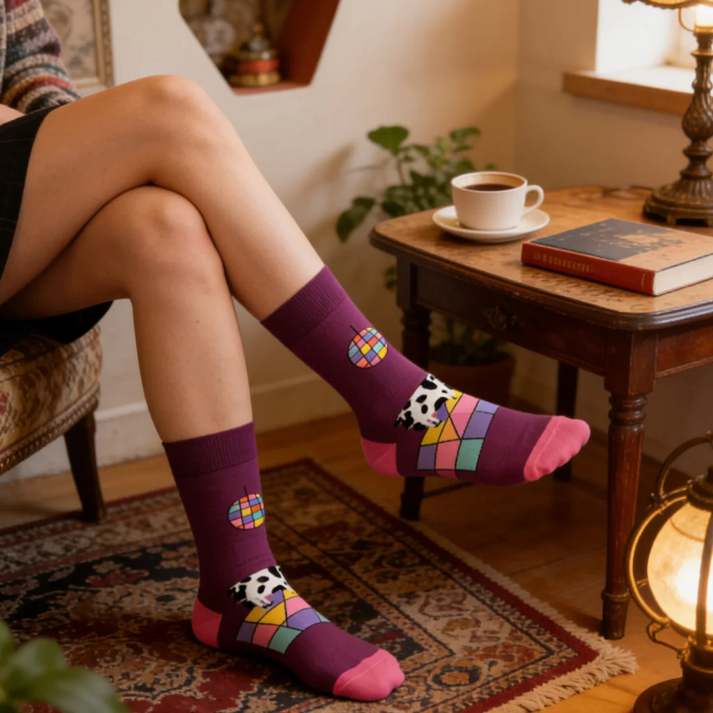 Cotton Blend Disco Cow Print Mid Calf Socks