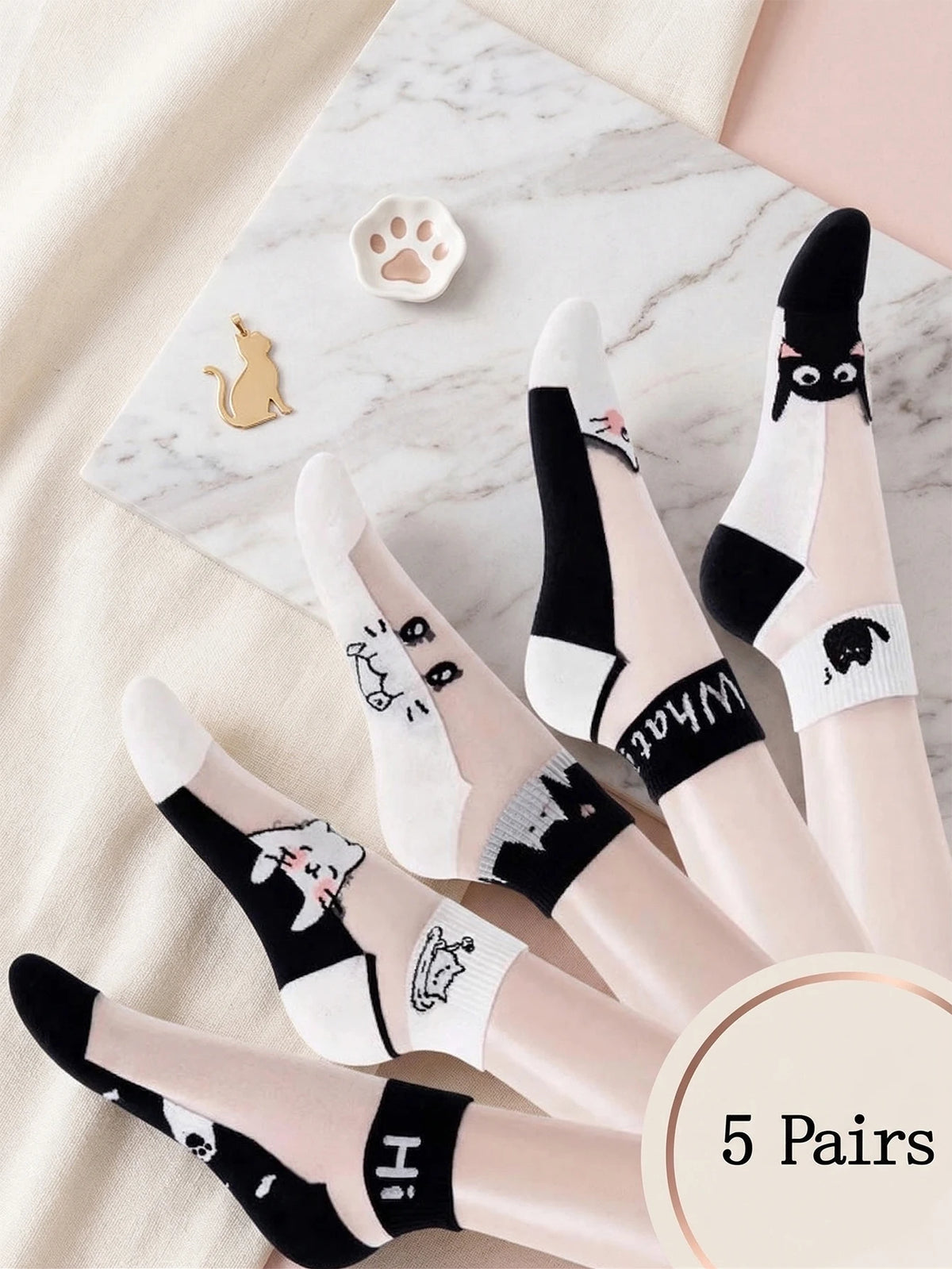 5 Pairs Polyester Elastane Cartoon Print Low Tube Ankle Socks
