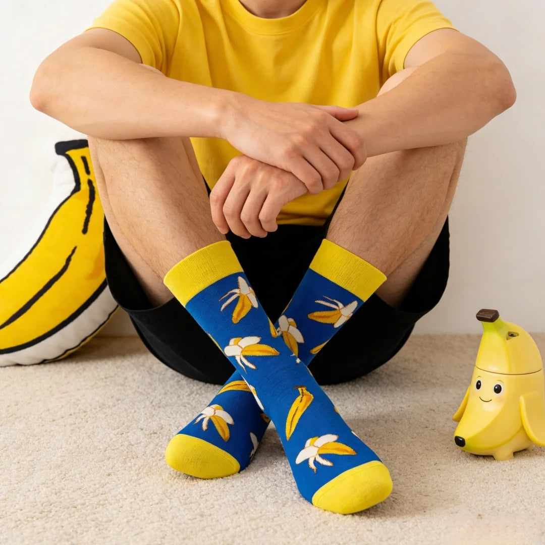 Cotton Blend Banana Print Crew Socks