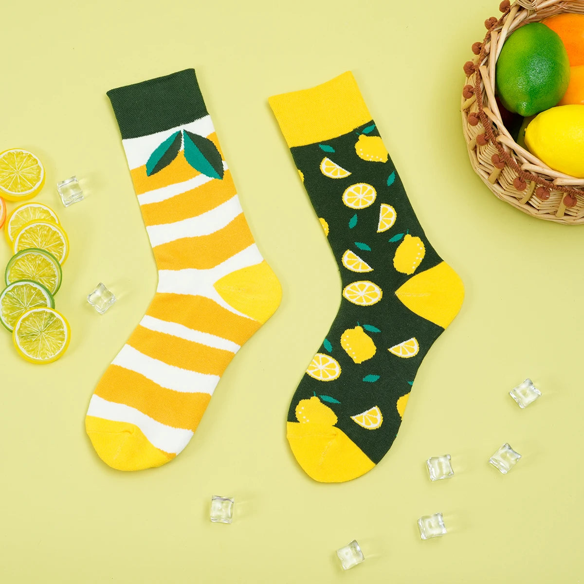 Cotton Blend Lemon Pattern Mid Tube Socks - 1