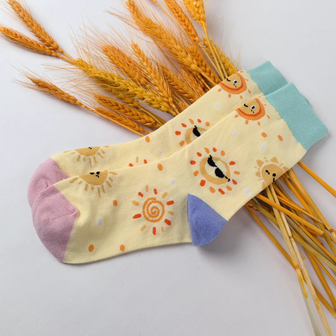 Cotton Blend Cartoon Sun Mid Calf Casual Socks