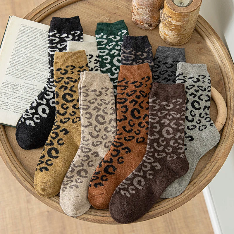 Leopard Print Wool Mid Calf Socks