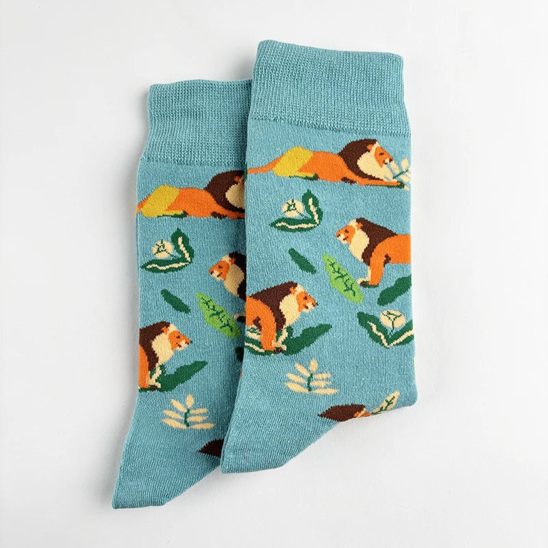 Cotton Blend Lion Print Mid Calf Casual Socks - 2