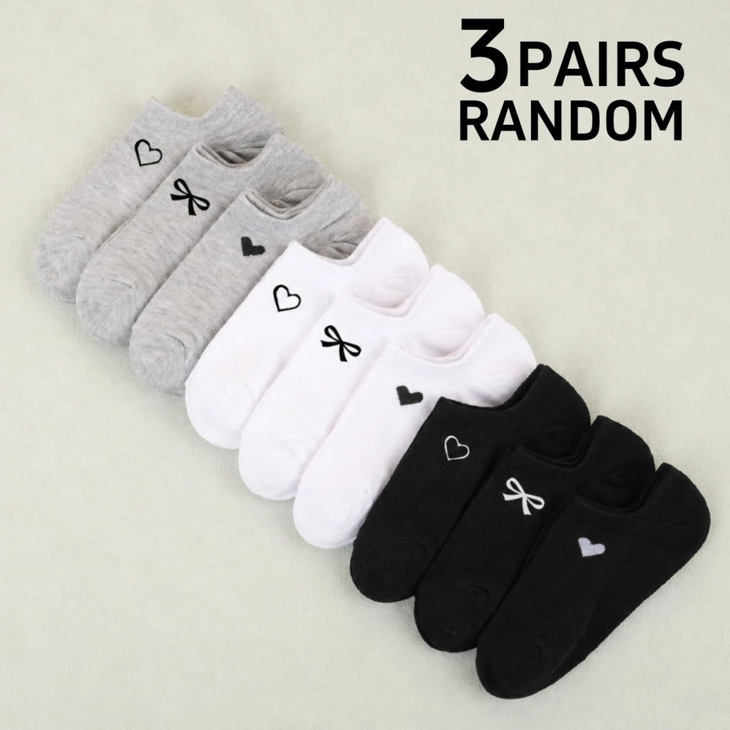 Womens Polyester Elastane Low Cut Heart Bow Ankle Socks 3 Pairs