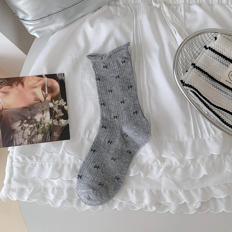 Polyester Spandex Bow Pattern Mid Tube Breathable Casual Socks