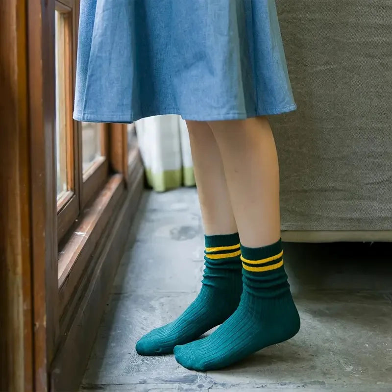 Striped Polyester Blend Mid Tube Casual Socks for Women
